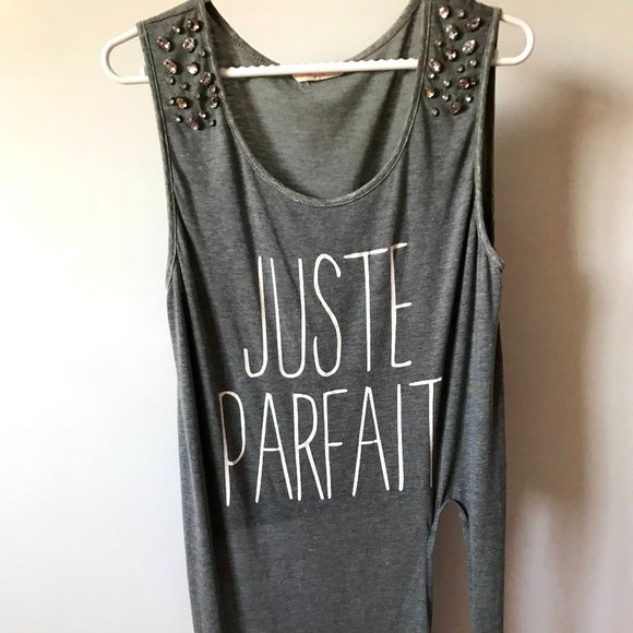 Ardene Light Grey Long Tank Graphic "Just Parfait" With Jewels on the Shoulder - Picture 1 of 4